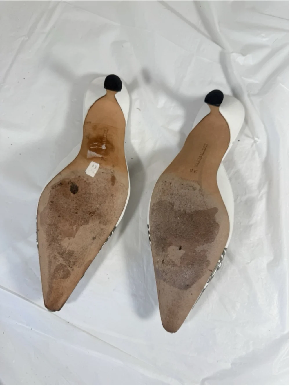 Manolo Blahnik Leather Mules White Graphic Print Crystals - Picture 5 of 14